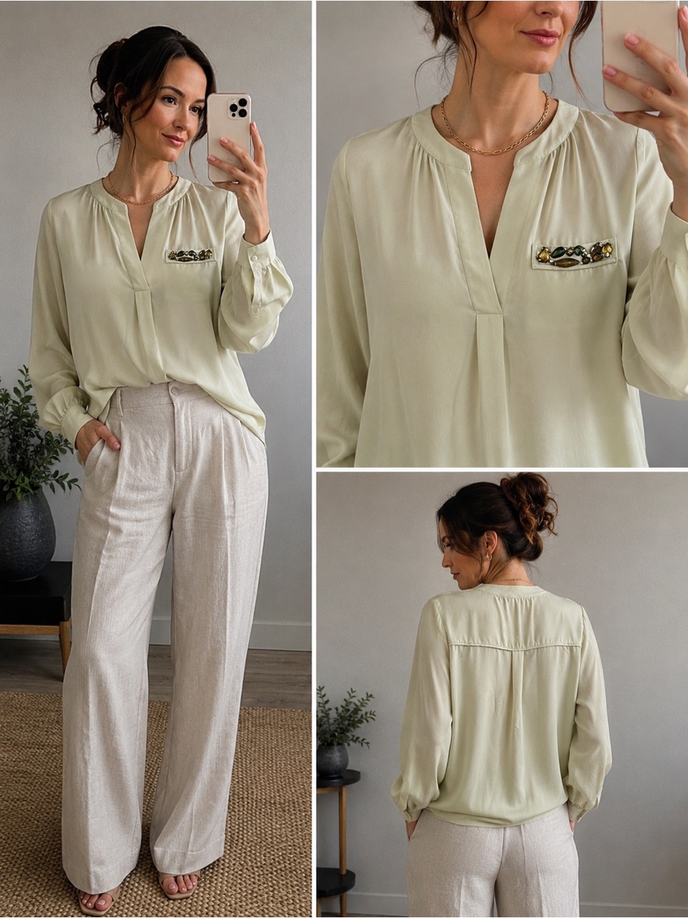 H&M Conscious Collection Sage Green Embellished Pocket Blouse Boho V-Neck Top